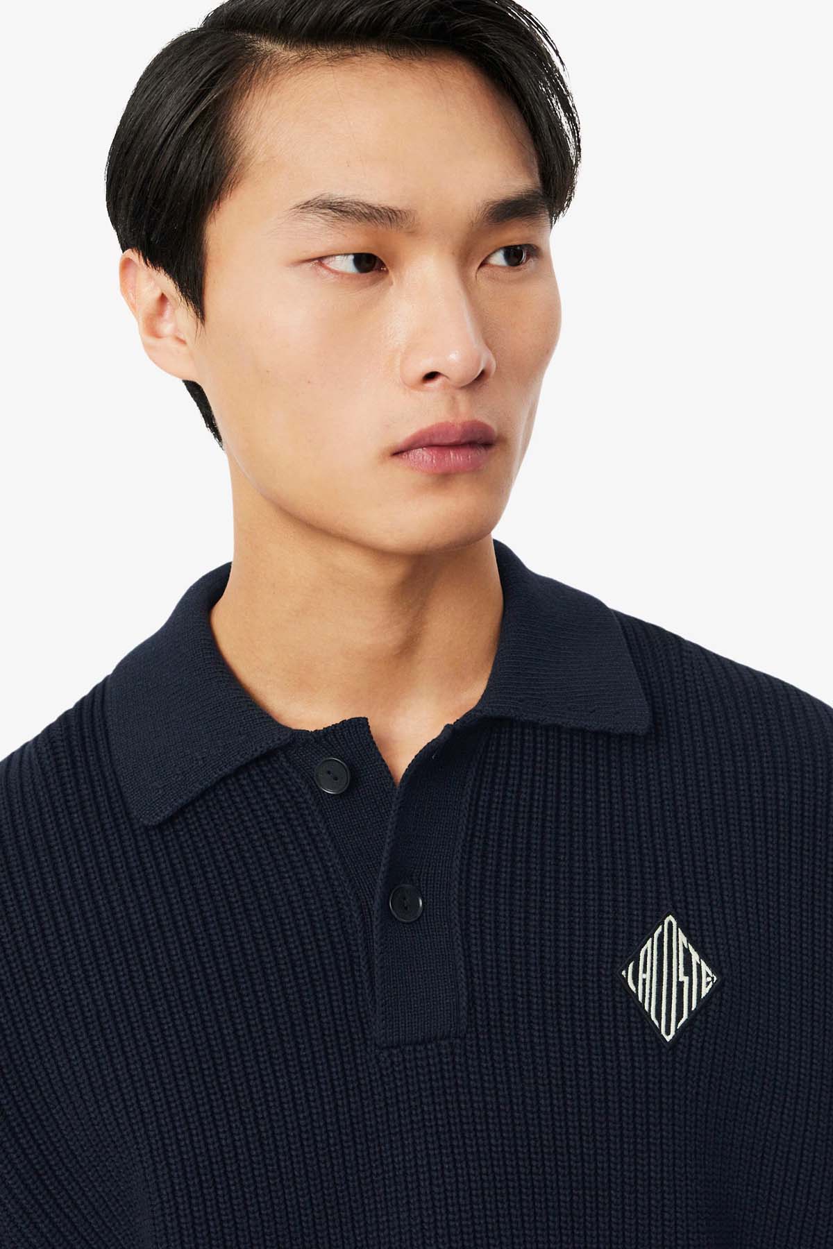 RELAXED FIT RIBBED COTTON BADGE ACCENT POLO  COLLAR SWEATER - Image 3