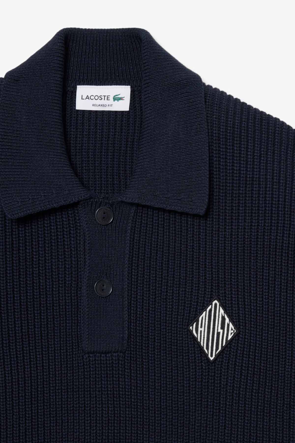 RELAXED FIT RIBBED COTTON BADGE ACCENT POLO  COLLAR SWEATER - Image 6